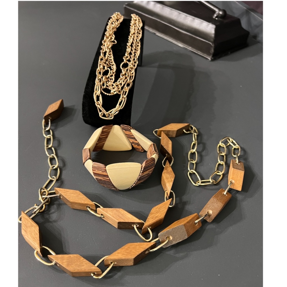 VINTAGE 1960s Gold and Mixed Woods Jewelry | Unique Pieces